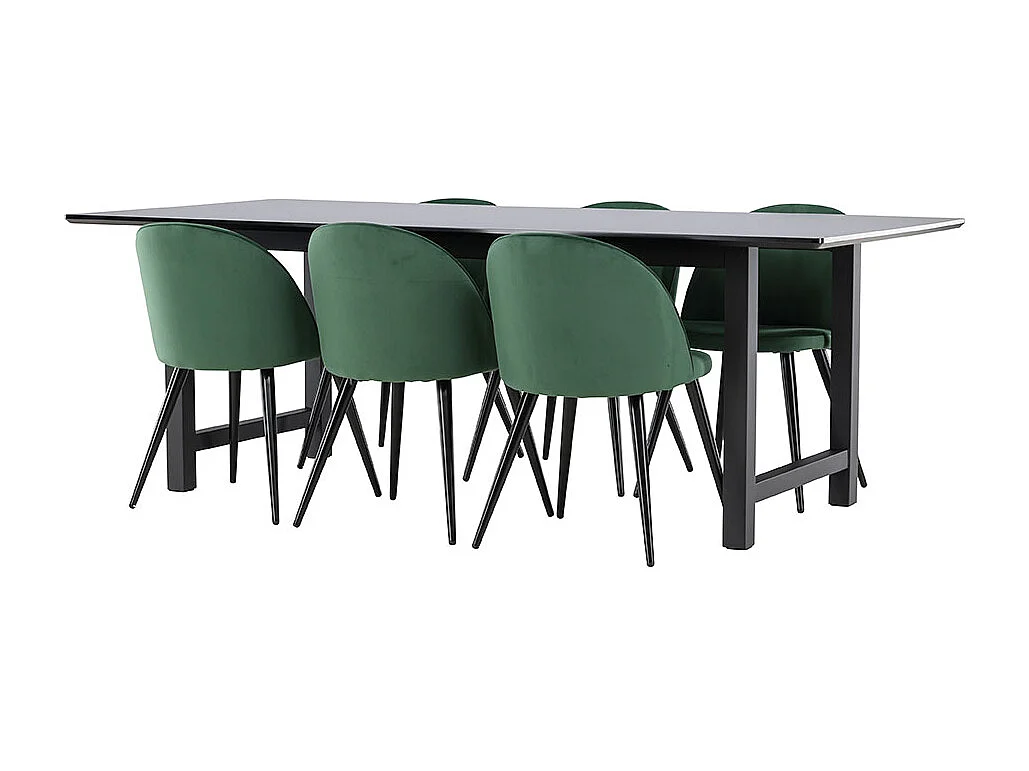 Oslo ensemble pour salle à manger table de salle à manger 100x220cm noir et 6 Skagen chaise velours vert.