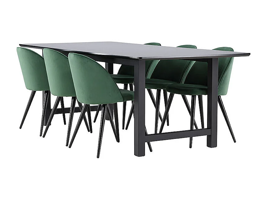 Oslo ensemble pour salle à manger table de salle à manger 100x220cm noir et 6 Skagen chaise velours vert.