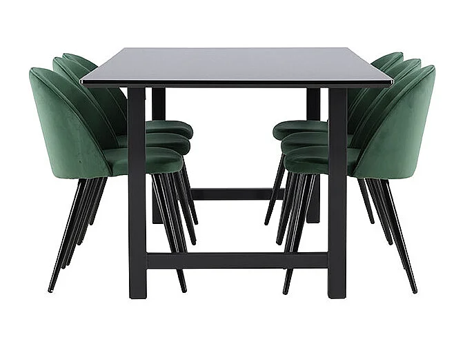 Oslo ensemble pour salle à manger table de salle à manger 100x220cm noir et 6 Skagen chaise velours vert.