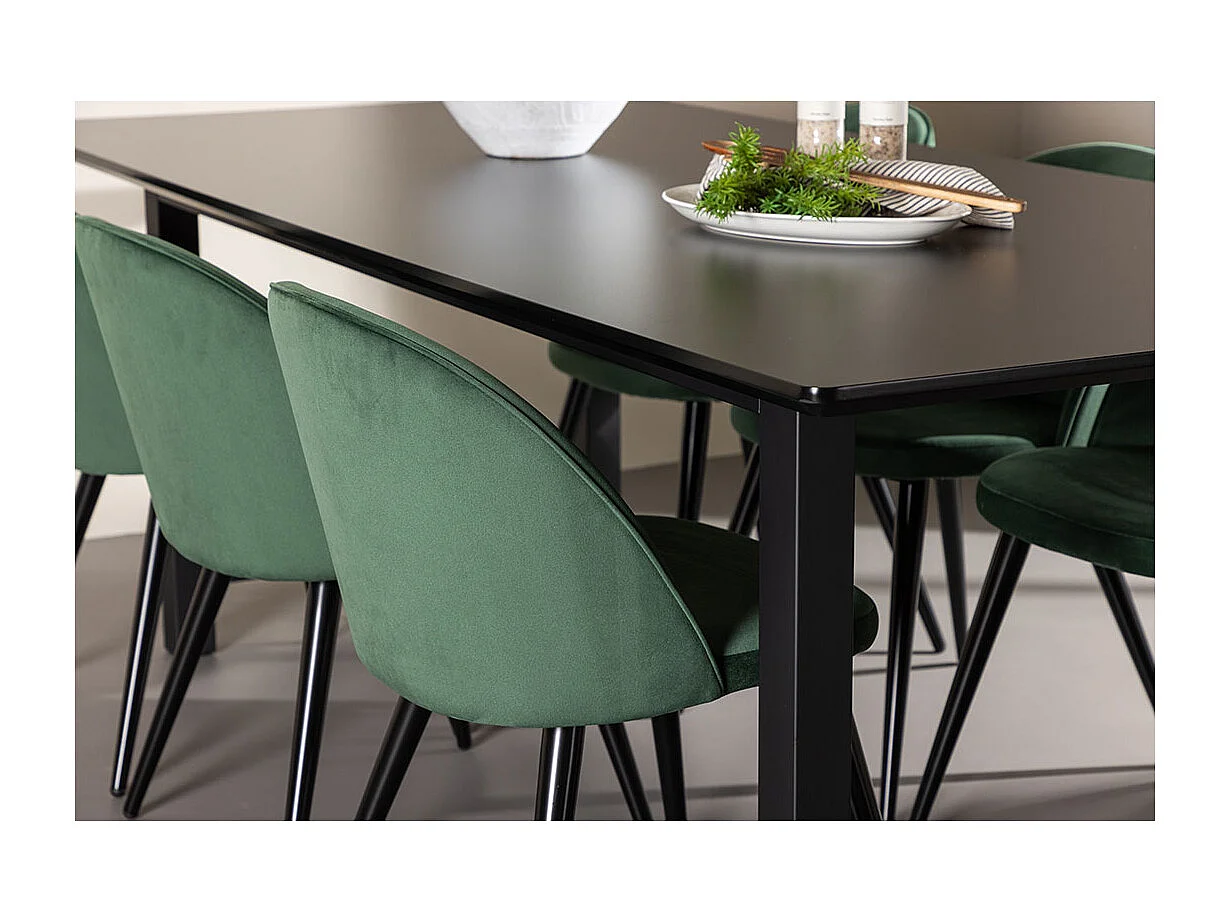 Oslo ensemble pour salle à manger table de salle à manger 100x220cm noir et 6 Skagen chaise velours vert.