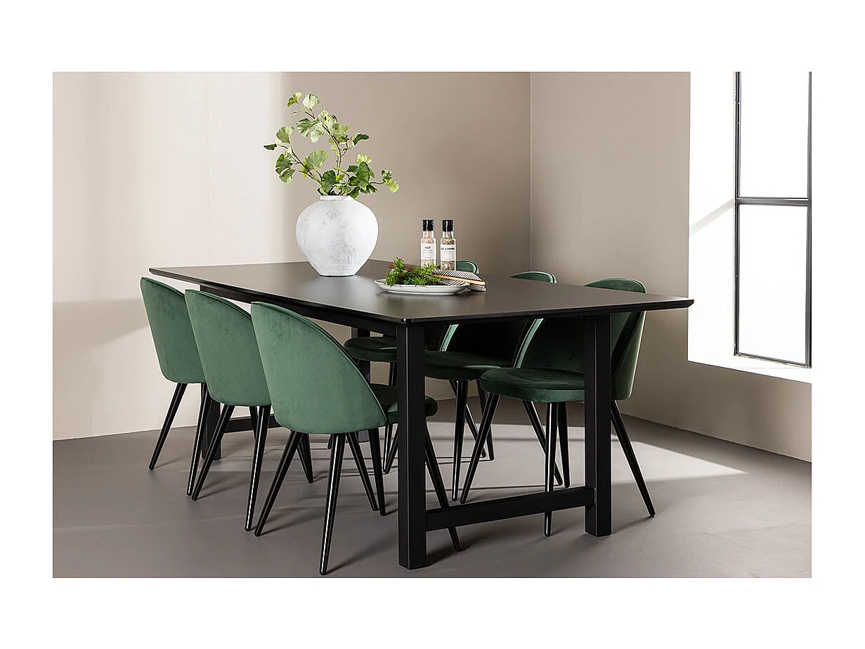 Oslo ensemble pour salle à manger table de salle à manger 100x220cm noir et 6 Skagen chaise velours vert.