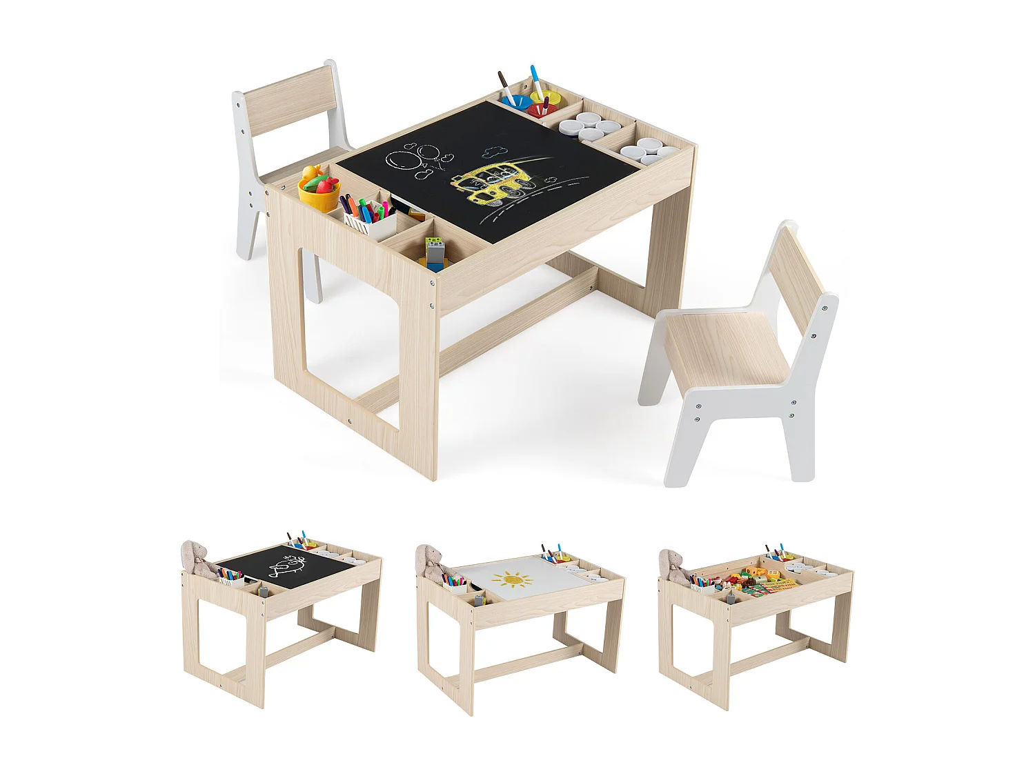 Set multifunzionale di tavolo e 2 sedie per bambini gruppo di sedute per bambini in legno con piano estraibile bifacciale natura