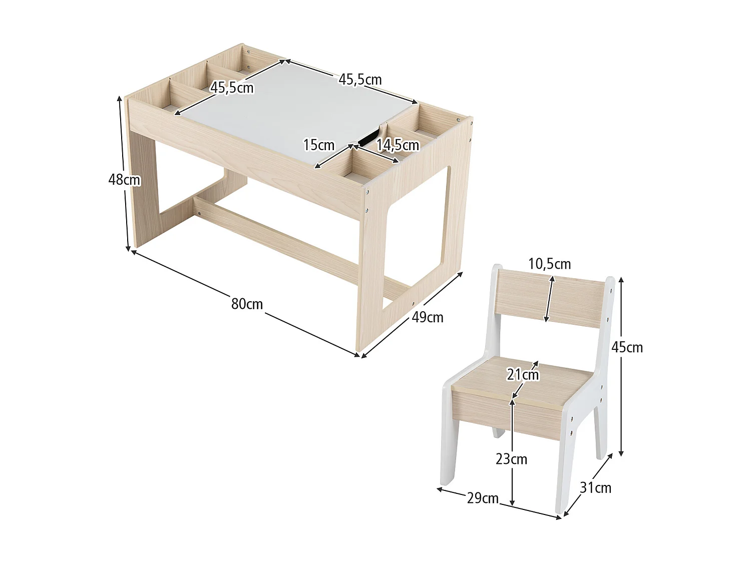 Set multifunzionale di tavolo e 2 sedie per bambini gruppo di sedute per bambini in legno con piano estraibile bifacciale natura