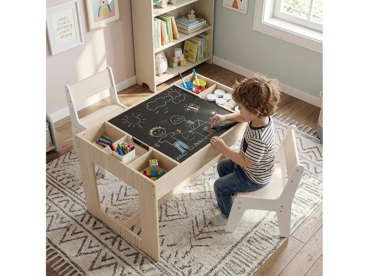 Set multifunzionale di tavolo e 2 sedie per bambini gruppo di sedute per bambini in legno con piano estraibile bifacciale natura