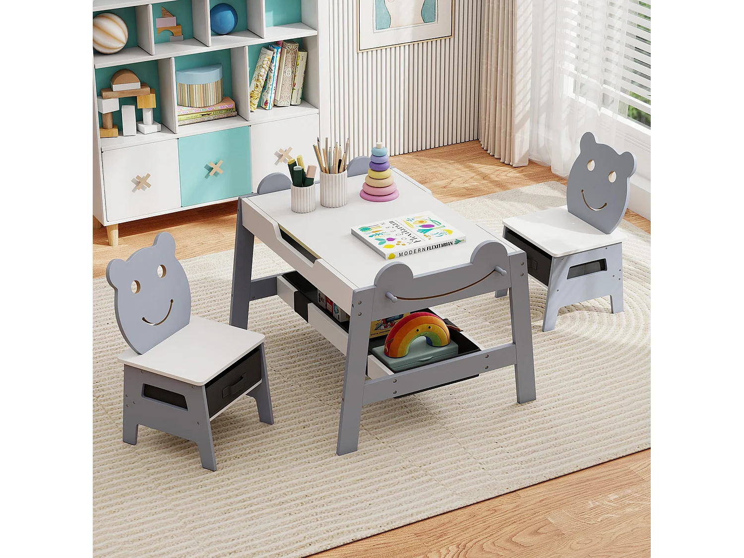 Tavolo da pittura 5 in 1 con lavagna reversibile e lavagna bianca Gruppo di seduta per bambini a forma di orso con spazio di archiviazione Grigio
