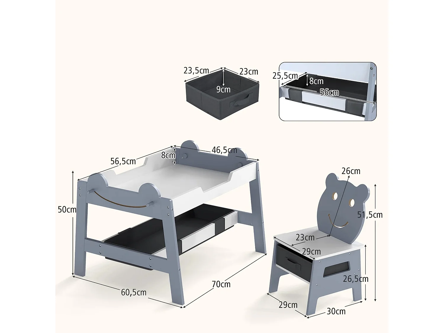 Tavolo da pittura 5 in 1 con lavagna reversibile e lavagna bianca Gruppo di seduta per bambini a forma di orso con spazio di archiviazione Grigio