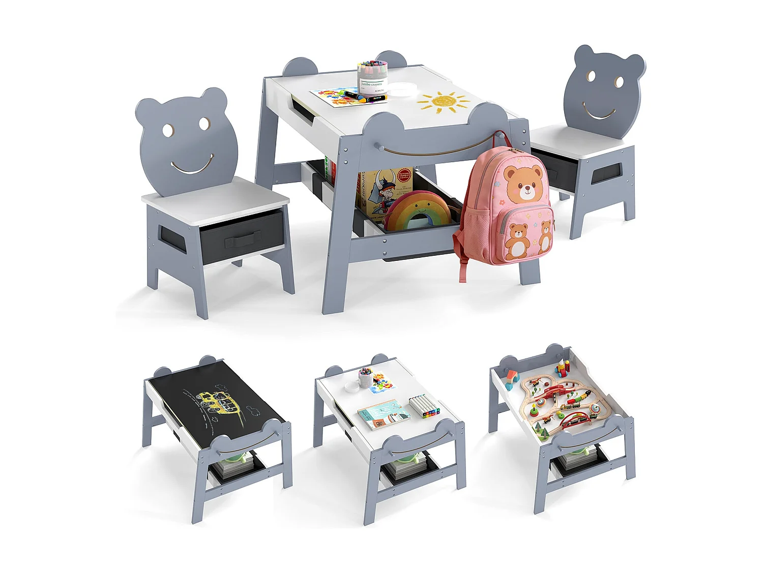 Tavolo da pittura 5 in 1 con lavagna reversibile e lavagna bianca Gruppo di seduta per bambini a forma di orso con spazio di archiviazione Grigio