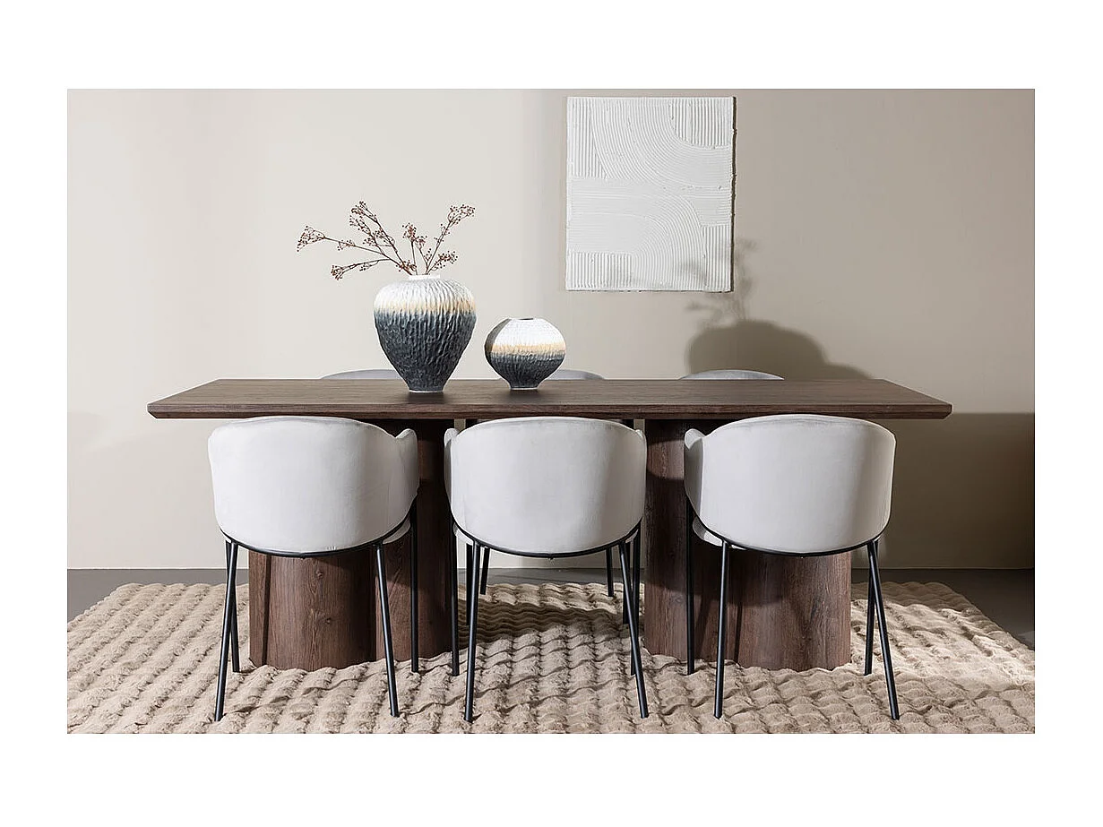 Olivia ensemble pour salle à manger table 100x210cm et 6 chaises velours avec accoudoirs mocca.