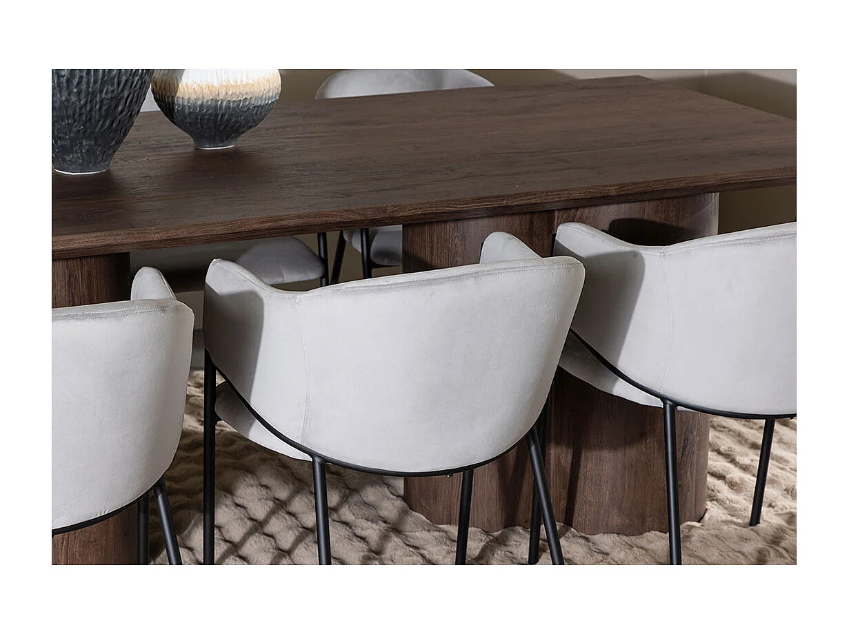 Olivia ensemble pour salle à manger table 100x210cm et 6 chaises velours avec accoudoirs mocca.