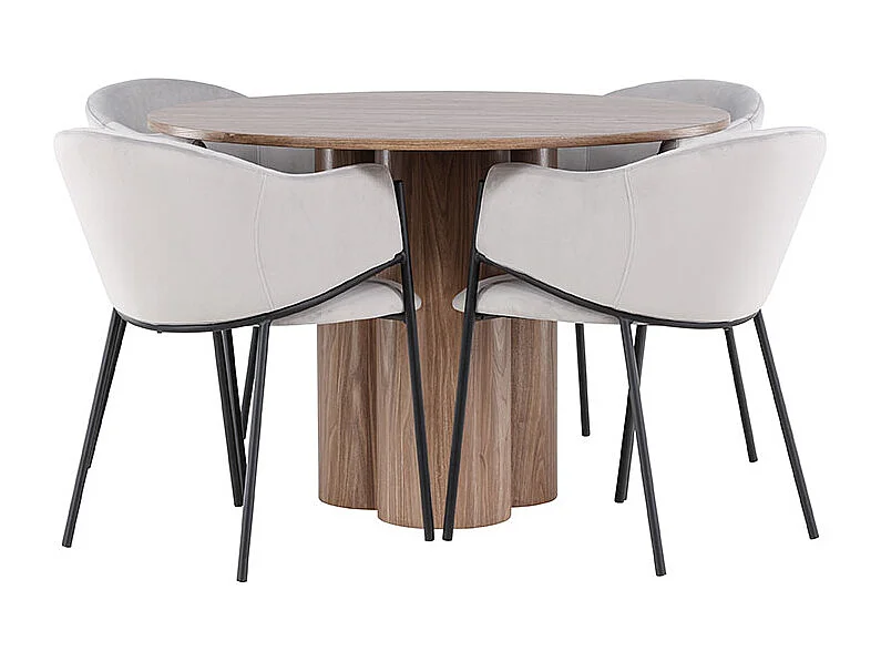 Olivia ensemble pour salle à manger table Ø110cm et 4 chaises velours avec accoudoirs brun.