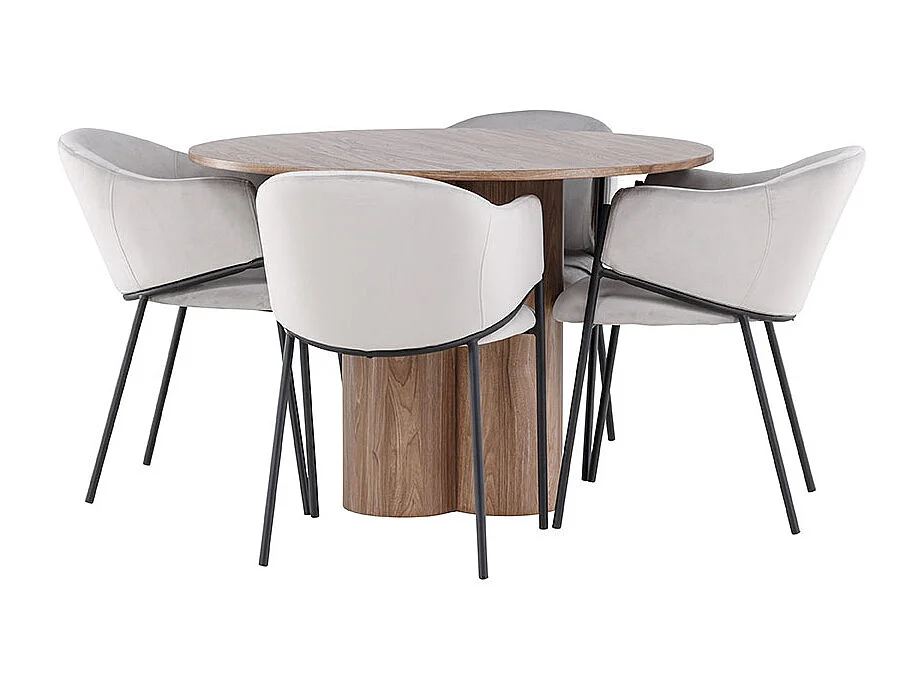 Olivia ensemble pour salle à manger table Ø110cm et 4 chaises velours avec accoudoirs brun.