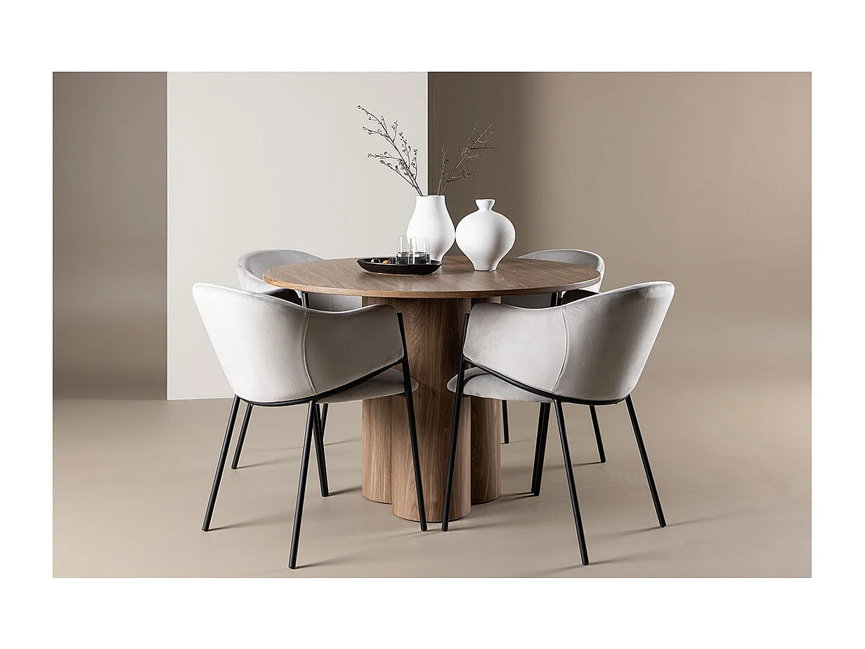 Olivia ensemble pour salle à manger table Ø110cm et 4 chaises velours avec accoudoirs brun.