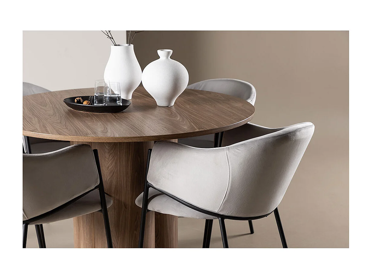 Olivia ensemble pour salle à manger table Ø110cm et 4 chaises velours avec accoudoirs brun.