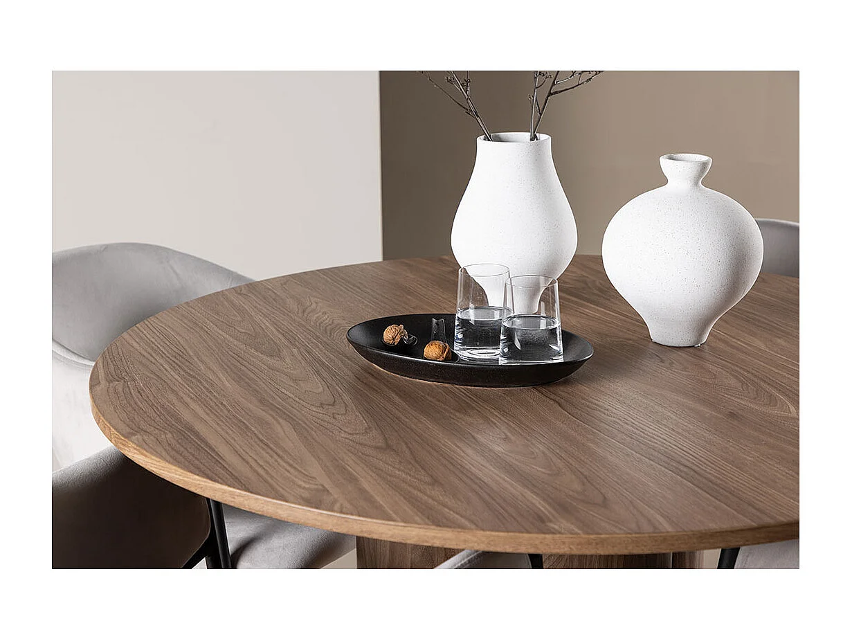 Olivia ensemble pour salle à manger table Ø110cm et 4 chaises velours avec accoudoirs brun.