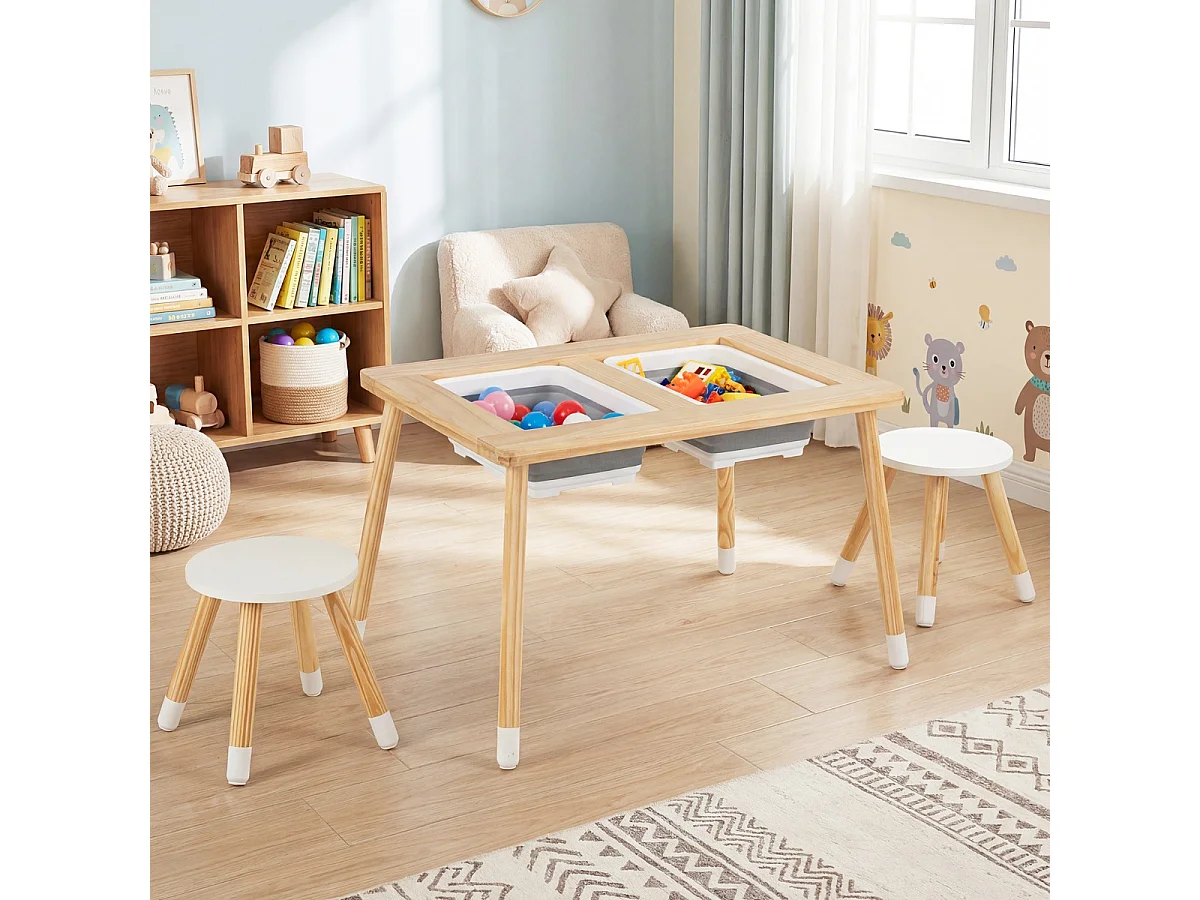 Tavolo sensoriale e da gioco con 2 sgabelli Set di tavolo e sedie per bambini con piano estraibile bifacciale Natura