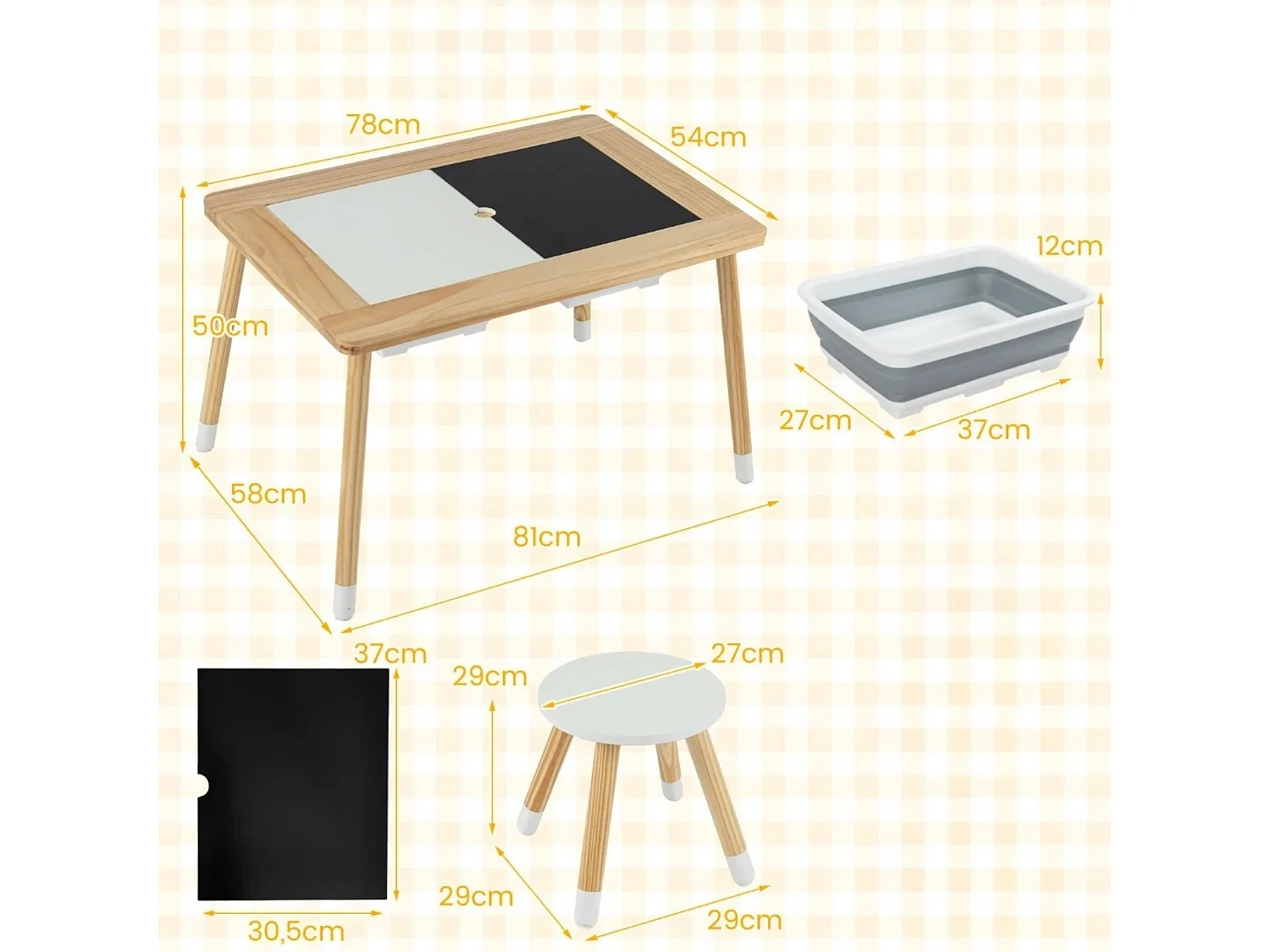 Tavolo sensoriale e da gioco con 2 sgabelli Set di tavolo e sedie per bambini con piano estraibile bifacciale Natura