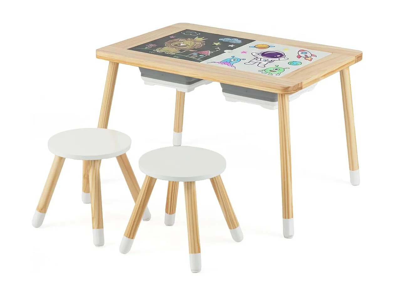 Tavolo sensoriale e da gioco con 2 sgabelli Set di tavolo e sedie per bambini con piano estraibile bifacciale Natura