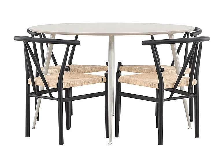 Plaza ensemble pour salle à manger table Ø120cm et 4 chaises avec accoudoirs empilables beige.