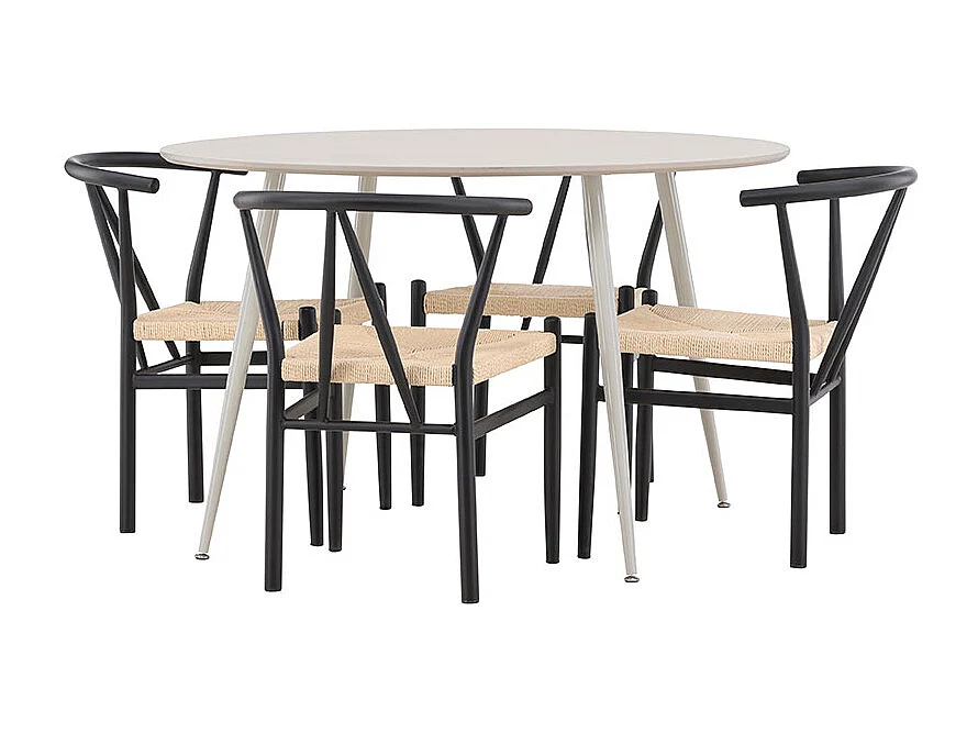 Plaza ensemble pour salle à manger table Ø120cm et 4 chaises avec accoudoirs empilables beige.