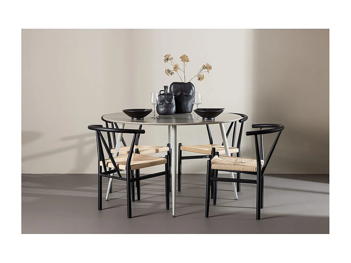 Plaza ensemble pour salle à manger table Ø120cm et 4 chaises avec accoudoirs empilables beige.