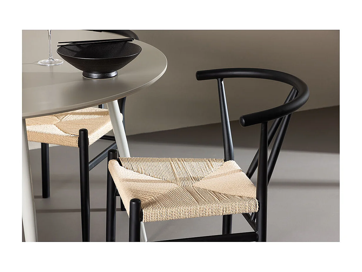 Plaza ensemble pour salle à manger table Ø120cm et 4 chaises avec accoudoirs empilables beige.