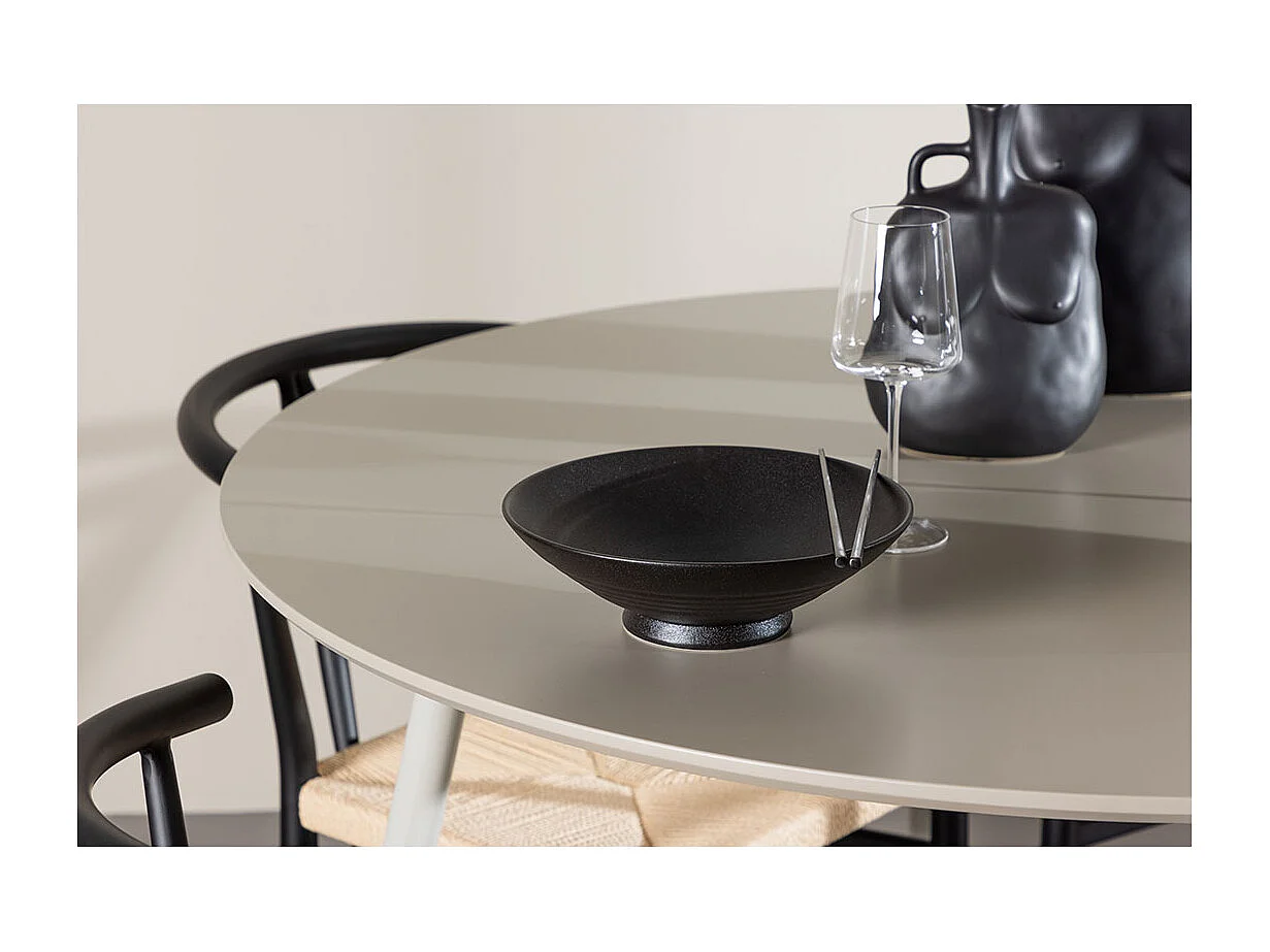 Plaza ensemble pour salle à manger table Ø120cm et 4 chaises avec accoudoirs empilables beige.