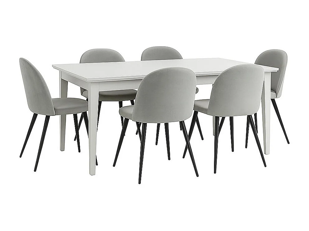 Venedig Essgruppe Tisch weiß 95x180/276 mit 2 Stk. Zusatzplatten 6 Stühlen Velour grau.