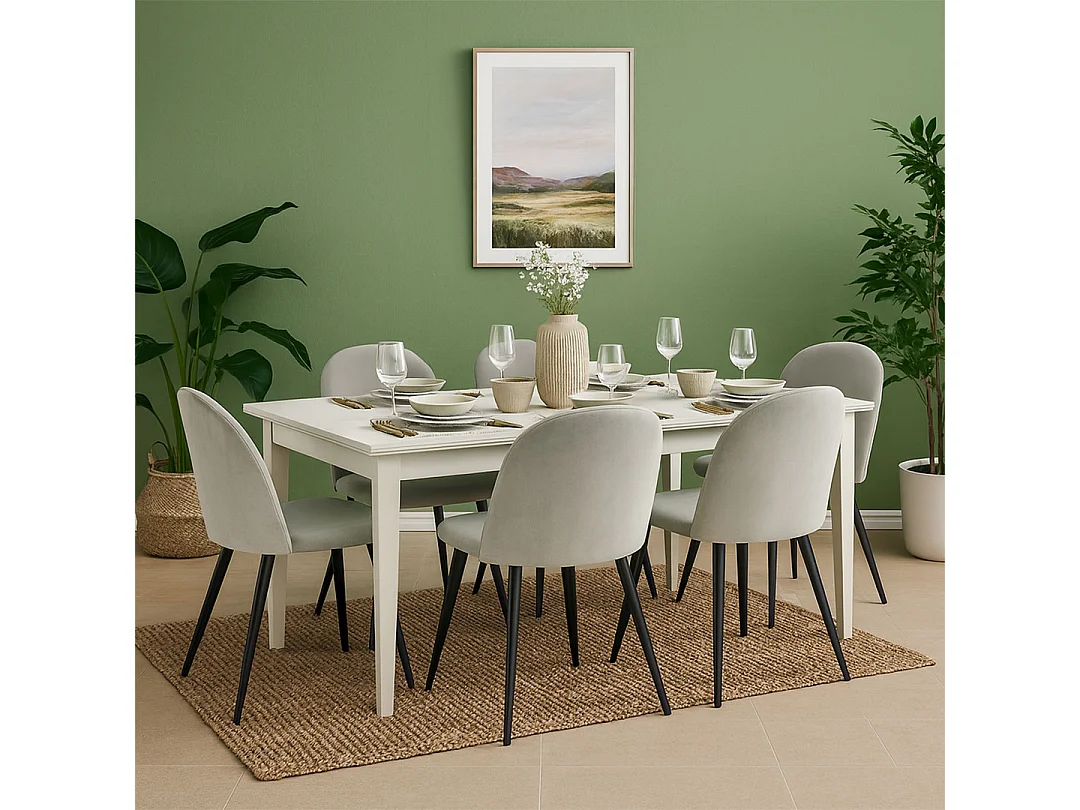 Venedig Essgruppe Tisch weiß 95x180/276 mit 2 Stk. Zusatzplatten 6 Stühlen Velour grau.
