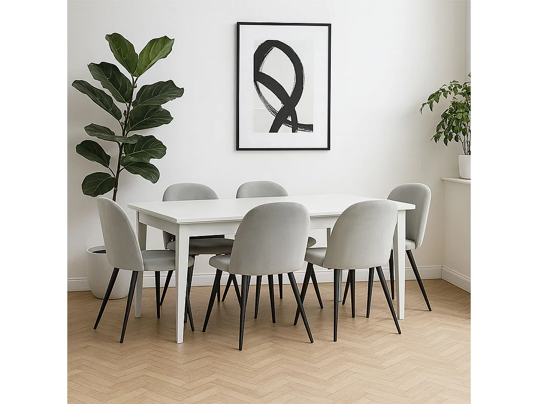 Venedig Essgruppe Tisch weiß 95x180/276 mit 2 Stk. Zusatzplatten 6 Stühlen Velour grau.