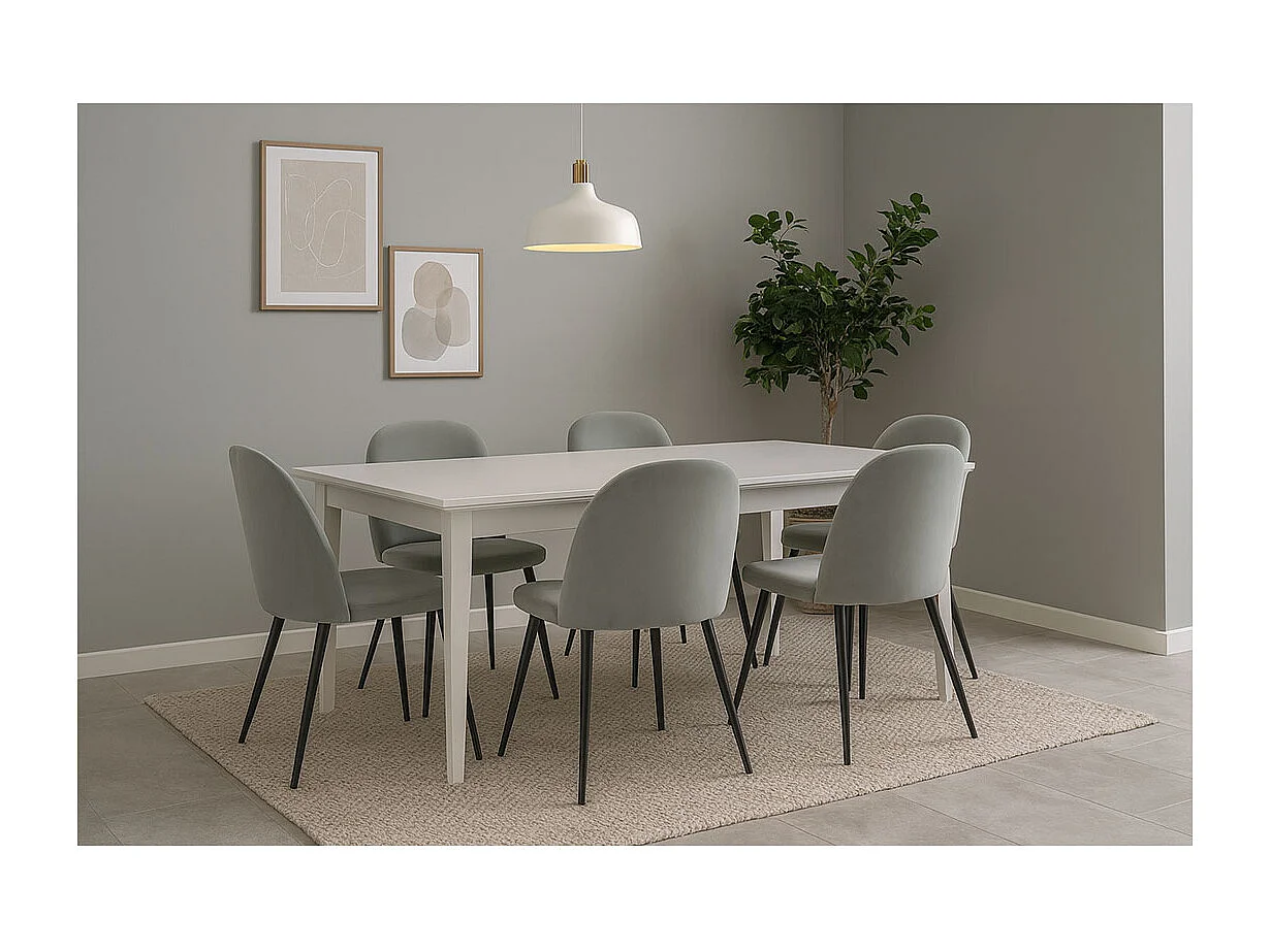 Venedig Essgruppe Tisch weiß 95x180/276 mit 2 Stk. Zusatzplatten 6 Stühlen Velour grau.