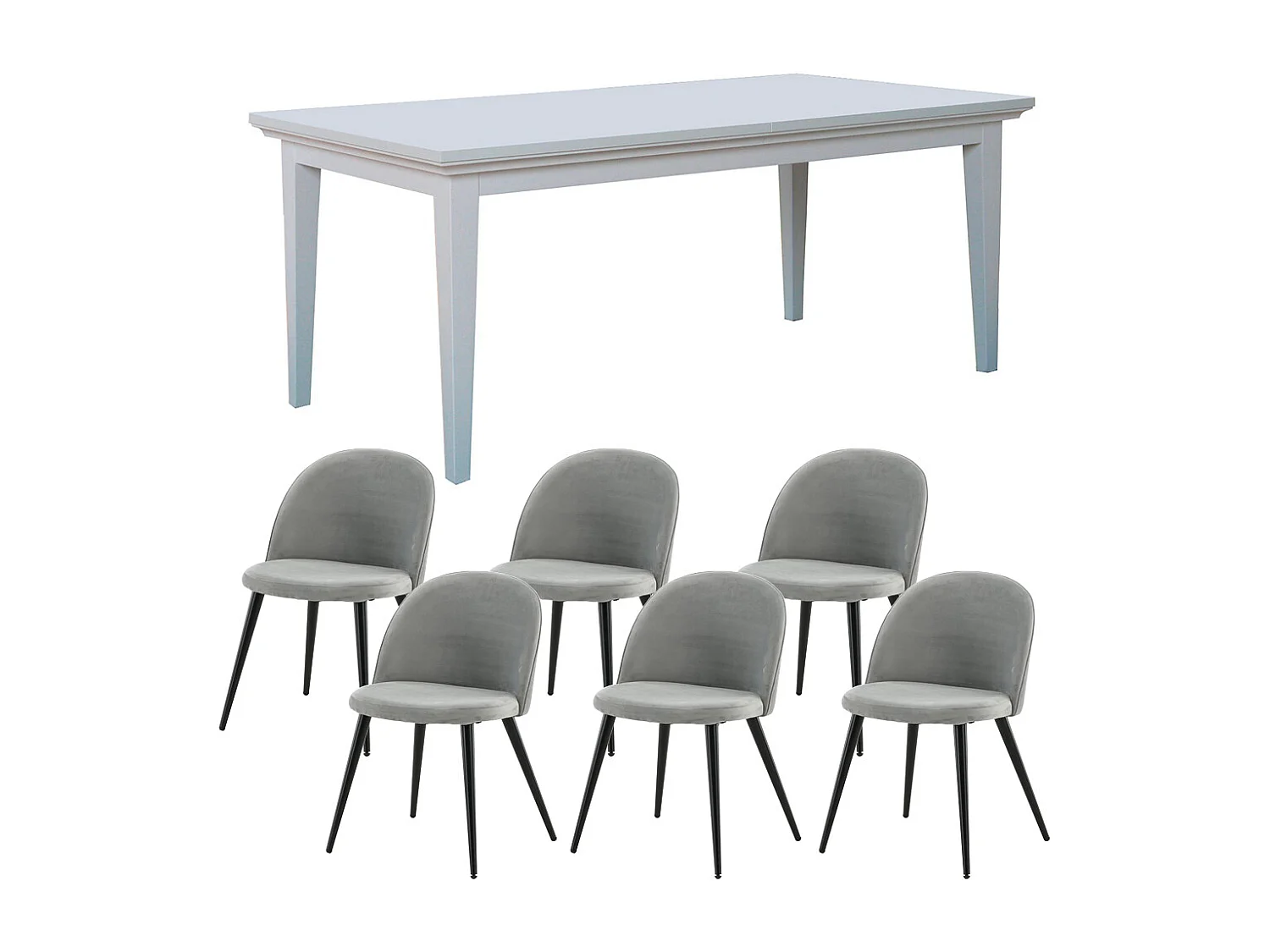 Venedig Essgruppe Tisch weiß 95x180/276 mit 2 Stk. Zusatzplatten 6 Stühlen Velour grau.