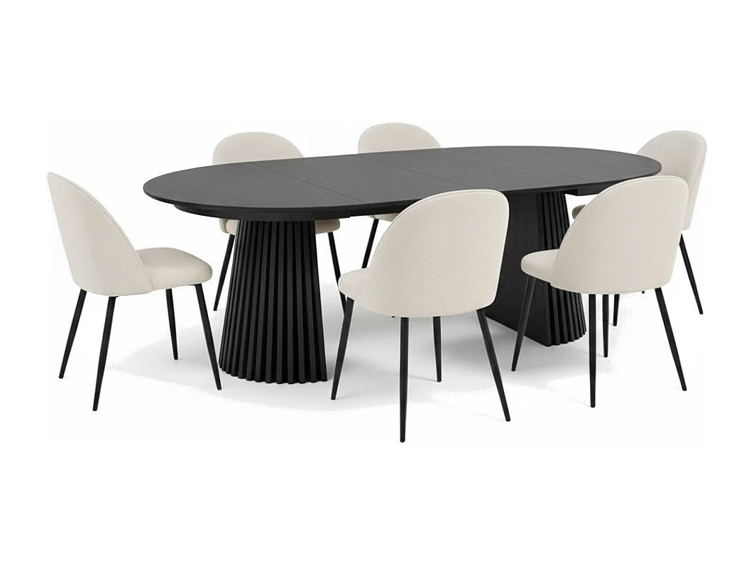 Tokyo ensemble de table à manger table à manger noir, 6 chaises en velours côtelé beige.