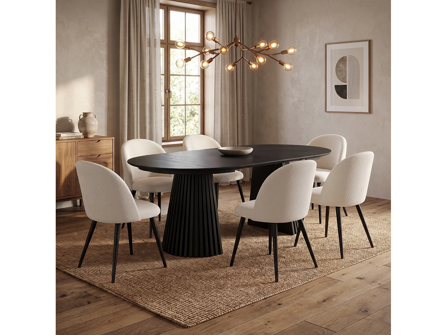 Tokyo ensemble de table à manger table à manger noir, 6 chaises en velours côtelé beige.