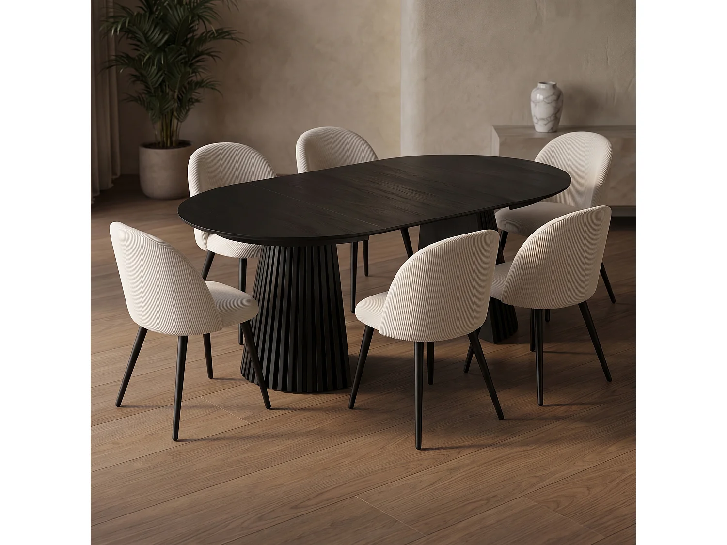 Tokyo ensemble de table à manger table à manger noir, 6 chaises en velours côtelé beige.