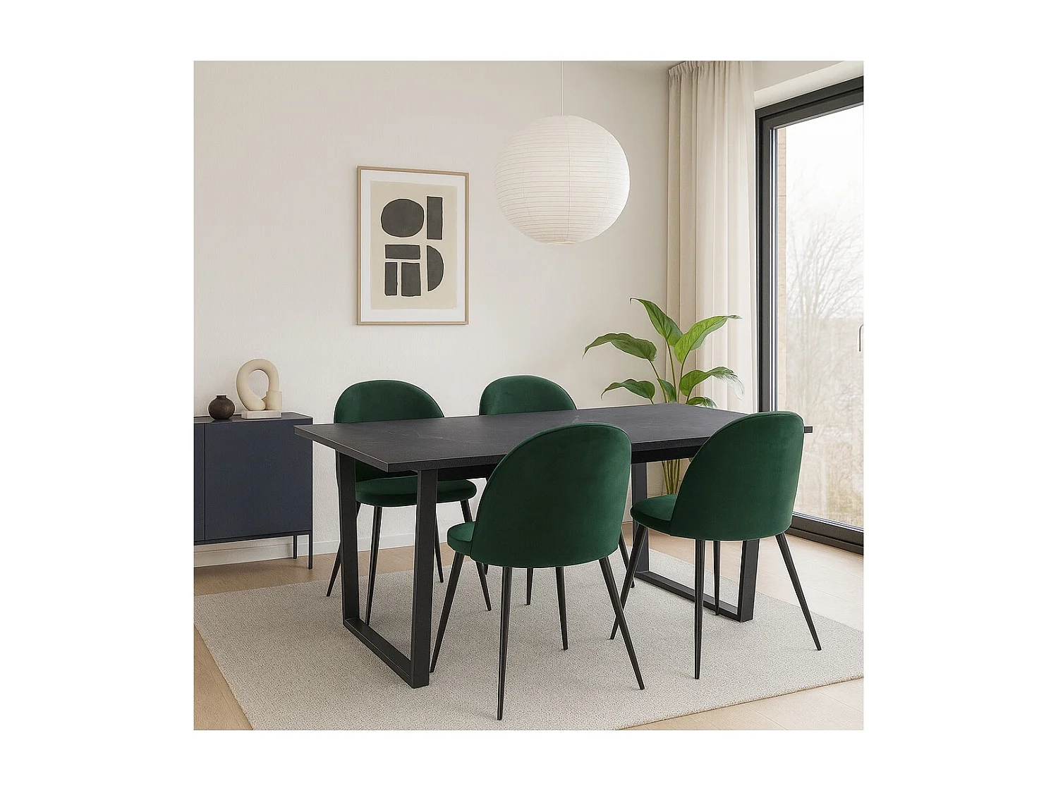 Tilst Essgruppe Tisch schwarz Marmor Print 90x160 4 Stühlen Velour grün.
