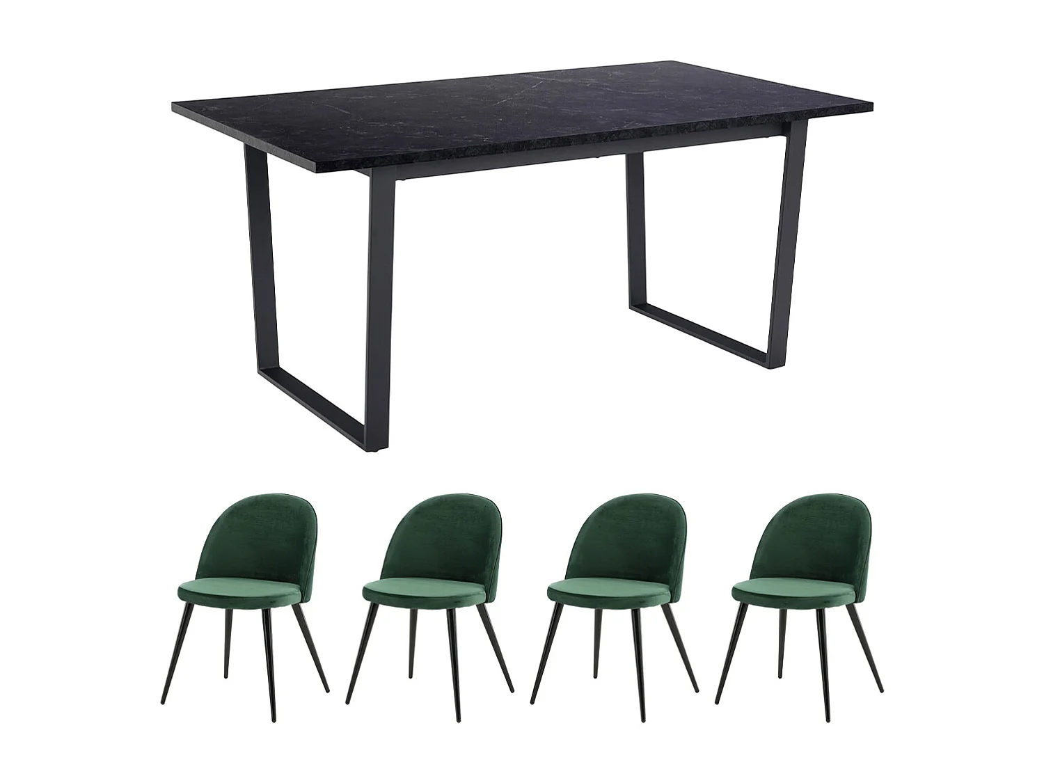 Tilst Essgruppe Tisch schwarz Marmor Print 90x160 4 Stühlen Velour grün.