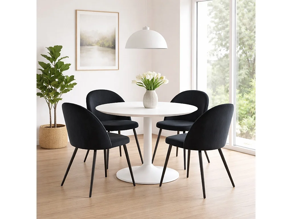 Carry ensemble pour salle à manger table Ø110cm, 4 chaises velours noir.
