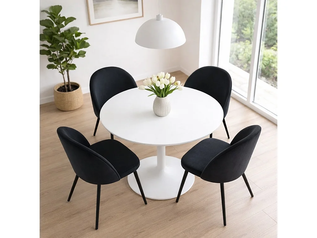 Carry ensemble pour salle à manger table Ø110cm, 4 chaises velours noir.