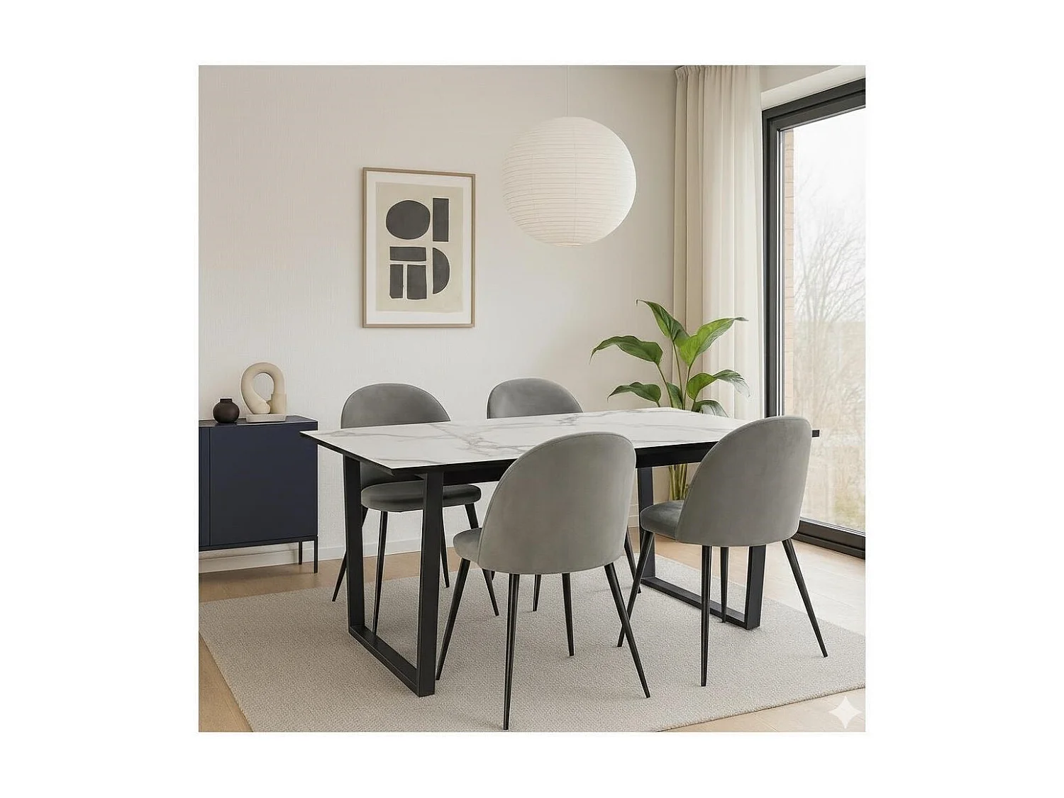 Tilst ensemble pour salle à manger table à manger impression marbre blanc 90x160 4 chaises velours gris.