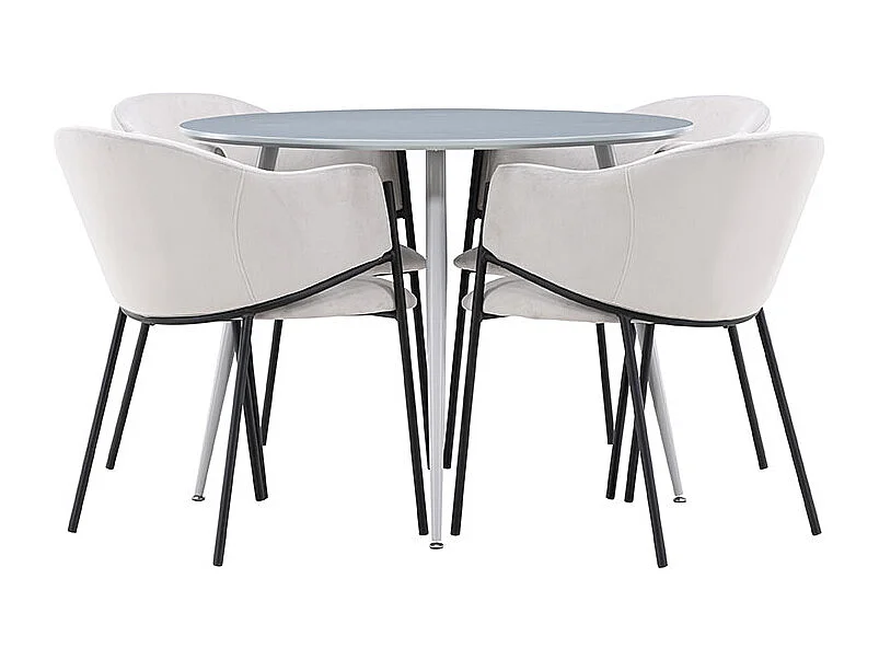 Plaza ensemble pour salle à manger table Ø100cm et 4 chaises velours avec accoudoirs gris.