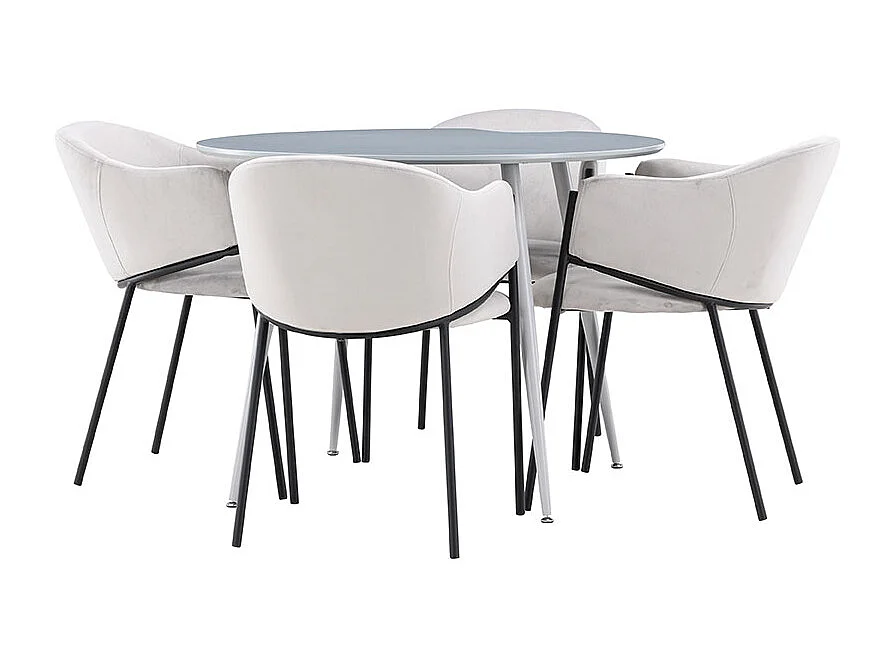 Plaza ensemble pour salle à manger table Ø100cm et 4 chaises velours avec accoudoirs gris.
