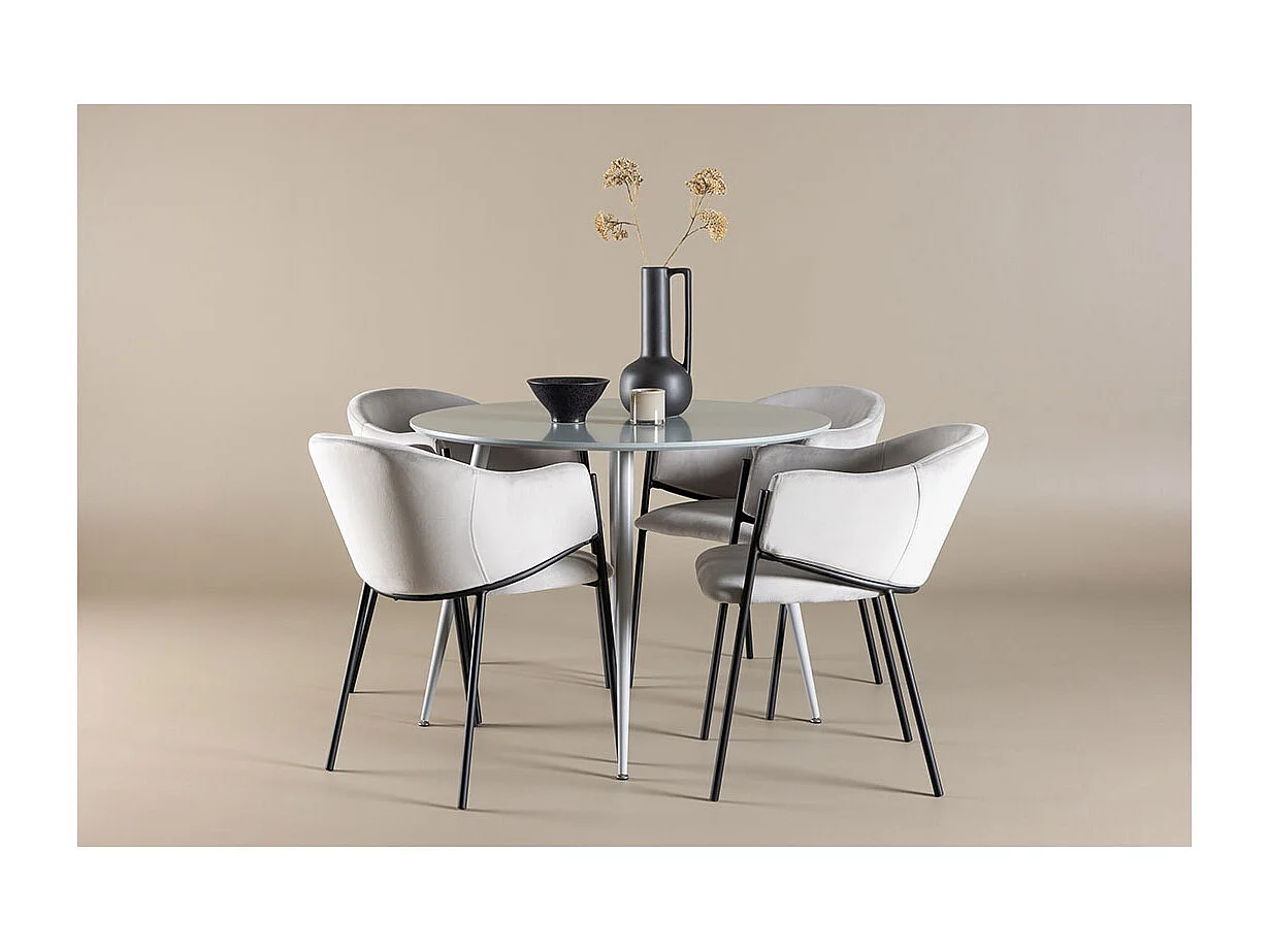 Plaza ensemble pour salle à manger table Ø100cm et 4 chaises velours avec accoudoirs gris.