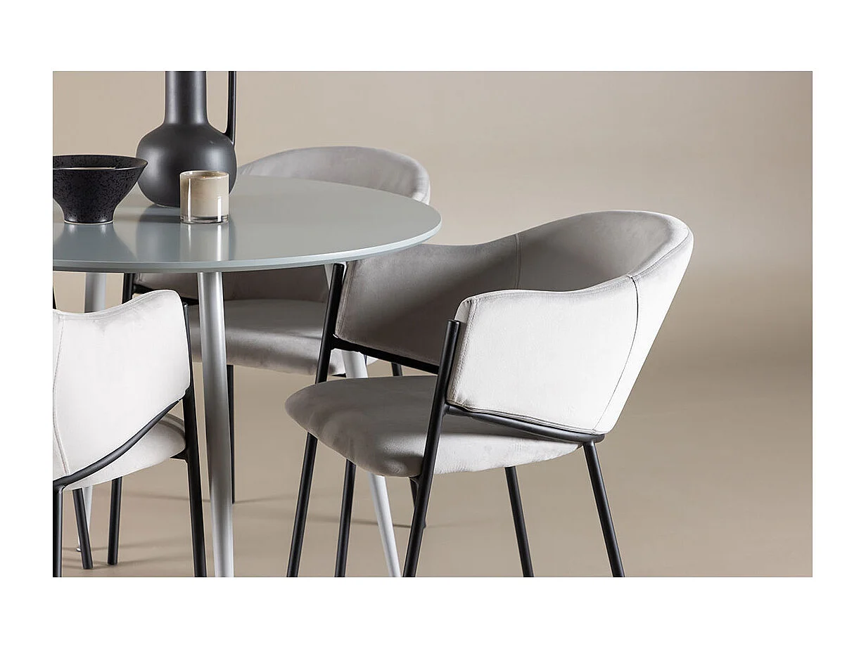 Plaza ensemble pour salle à manger table Ø100cm et 4 chaises velours avec accoudoirs gris.