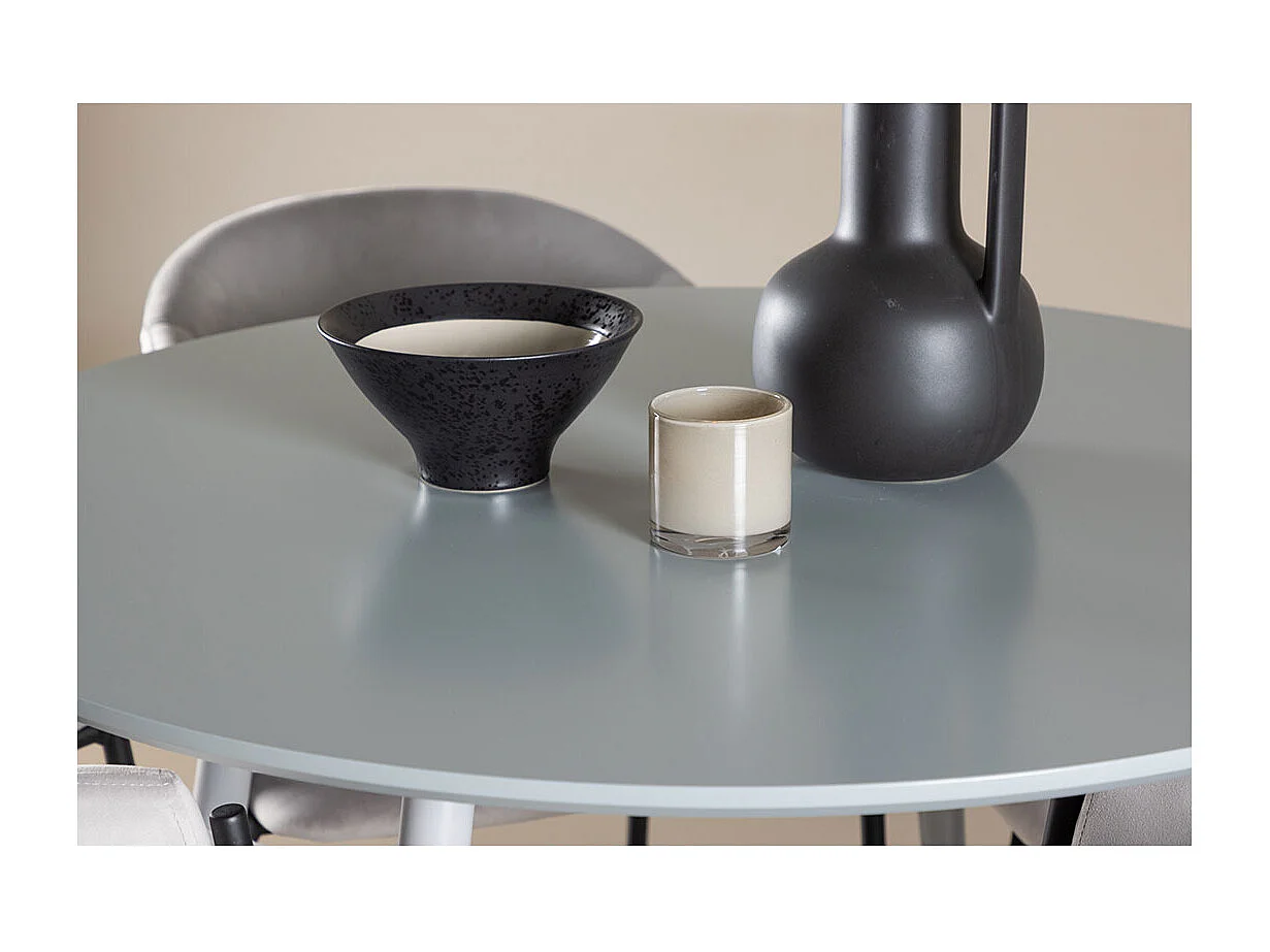 Plaza ensemble pour salle à manger table Ø100cm et 4 chaises velours avec accoudoirs gris.