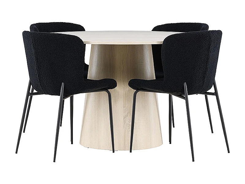 Lanzo ensemble pour salle à manger table Ø120cm et 4 chaises teddy whitewash.