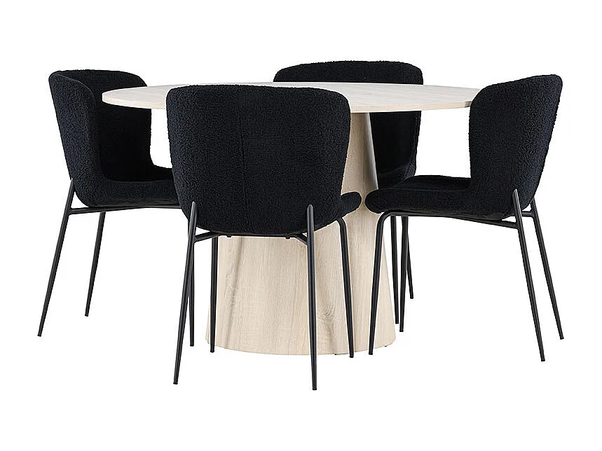 Lanzo ensemble pour salle à manger table Ø120cm et 4 chaises teddy whitewash.