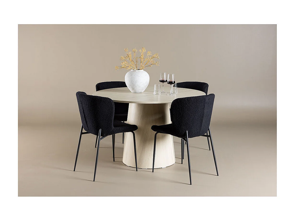 Lanzo ensemble pour salle à manger table Ø120cm et 4 chaises teddy whitewash.