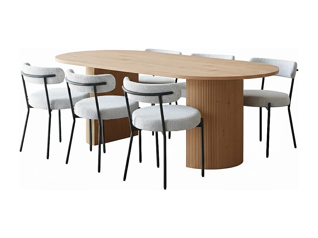 Kyoto ensemble pour salle à manger table 100x210cm nature, 6 chaises bouclé blanc.