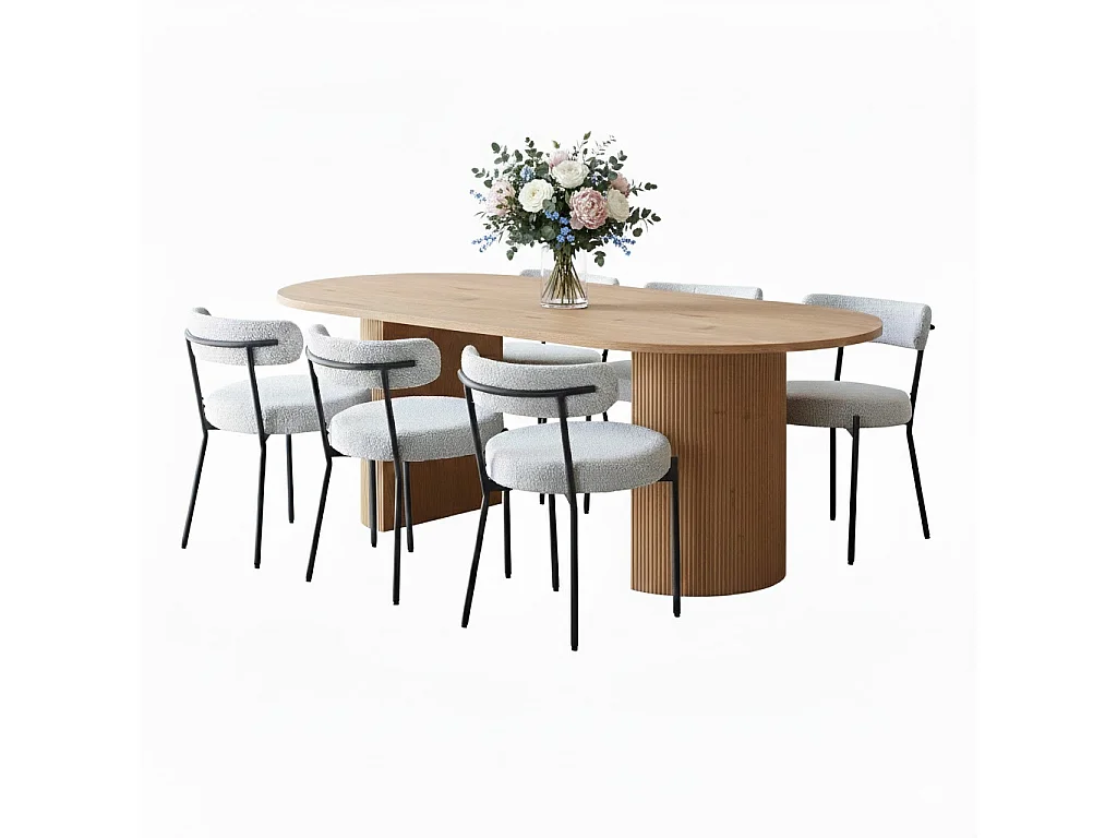 Kyoto ensemble pour salle à manger table 100x210cm nature, 6 chaises bouclé blanc.