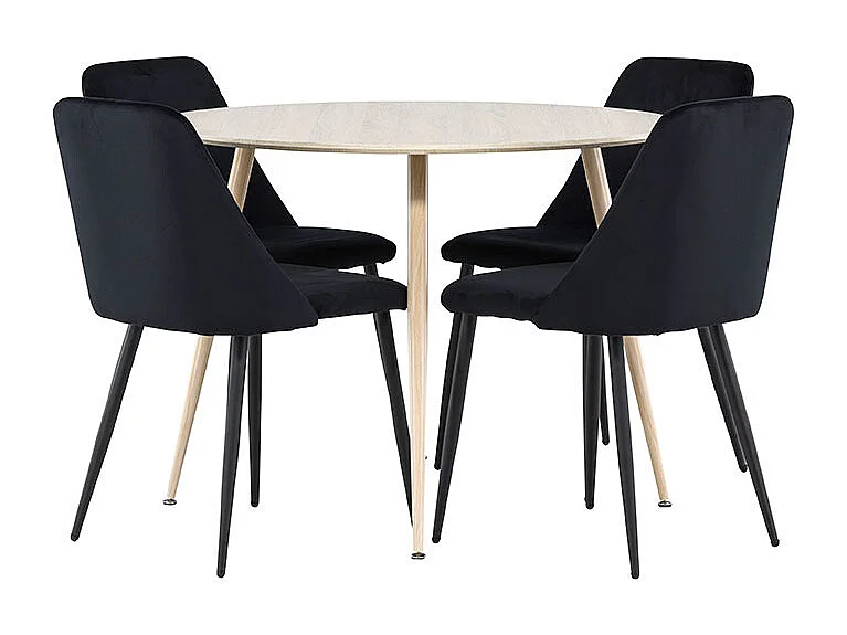Plaza ensemble pour salle à manger table Ø100cm et 4 chaises velours whitewash.